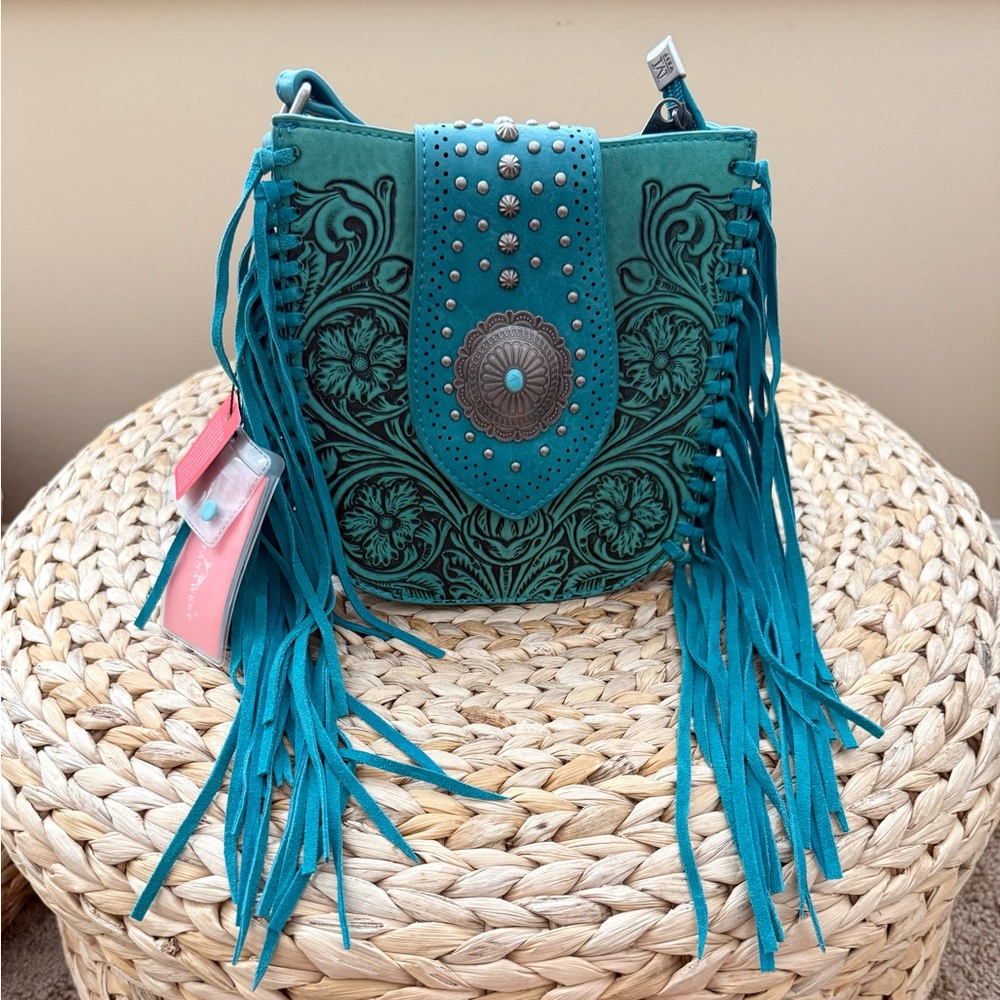 Montana West boho western turquoise blue tooled leather studded fringe crossbody